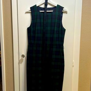 J.Crew size 8, navy, green, black plaid sheath dress.